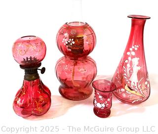 Two (2) Victorian Cranberry Glass Oil Lamps and Two (2) Pieces of Mary Gregory Style Painted Cranberry Glass