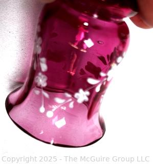 Two (2) Victorian Cranberry Glass Oil Lamps and Two (2) Pieces of Mary Gregory Style Painted Cranberry Glass