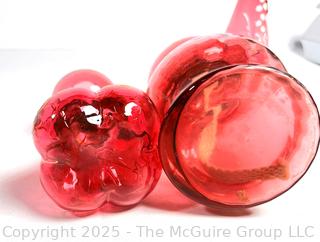 Two (2) Victorian Cranberry Glass Oil Lamps and Two (2) Pieces of Mary Gregory Style Painted Cranberry Glass