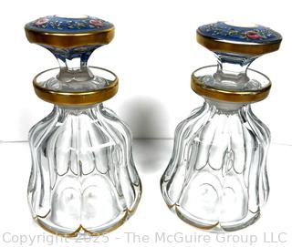 Two (2) Heisey Glass Perfume Bottles with Enamel Painted Stoppers