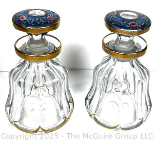 Two (2) Heisey Glass Perfume Bottles with Enamel Painted Stoppers