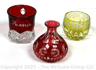 Ruby Flashed Glass Souvenir Mug and Bohemian Cut to Clear Vase and Tumbler