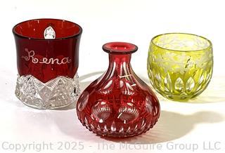 Ruby Flashed Glass Souvenir Mug and Bohemian Cut to Clear Vase and Tumbler