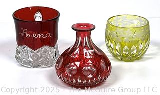 Ruby Flashed Glass Souvenir Mug and Bohemian Cut to Clear Vase and Tumbler