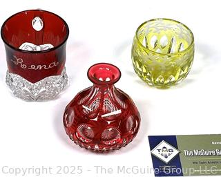 Ruby Flashed Glass Souvenir Mug and Bohemian Cut to Clear Vase and Tumbler