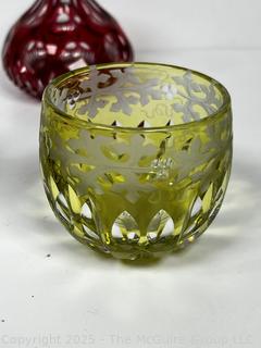 Ruby Flashed Glass Souvenir Mug and Bohemian Cut to Clear Vase and Tumbler