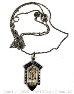 Sterling Silver with Black Enamel and Pearl Pendant on Silver Chain Necklace.  18"