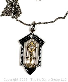 Sterling Silver with Black Enamel and Pearl Pendant on Silver Chain Necklace.  18"