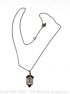 Sterling Silver with Black Enamel and Pearl Pendant on Silver Chain Necklace.  18"