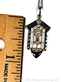 Sterling Silver with Black Enamel and Pearl Pendant on Silver Chain Necklace.  18"
