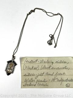 Sterling Silver with Black Enamel and Pearl Pendant on Silver Chain Necklace.  18"