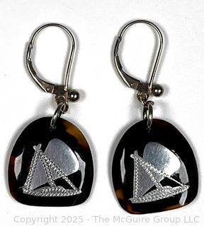 Pair of Shell with Sterling Silver Inlaid Boat Dangle Earrings Made in Bali. 