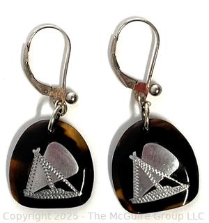 Pair of Shell with Sterling Silver Inlaid Boat Dangle Earrings Made in Bali. 