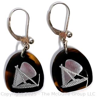 Pair of Shell with Sterling Silver Inlaid Boat Dangle Earrings Made in Bali. 