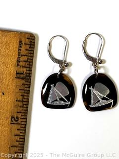 Pair of Shell with Sterling Silver Inlaid Boat Dangle Earrings Made in Bali. 