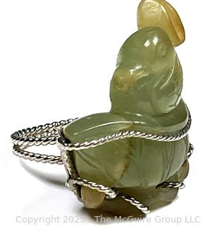 Chinese Carved Lily Pad Nephrite Jade Ring Set in Sterling Band