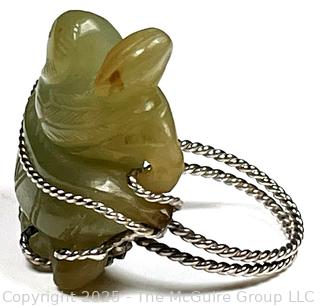 Chinese Carved Lily Pad Nephrite Jade Ring Set in Sterling Band