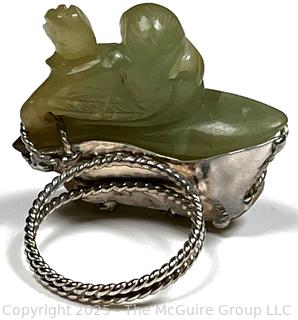 Chinese Carved Lily Pad Nephrite Jade Ring Set in Sterling Band