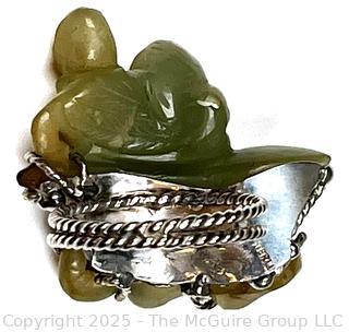 Chinese Carved Lily Pad Nephrite Jade Ring Set in Sterling Band