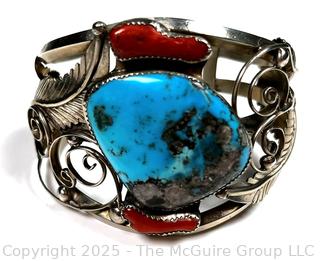 Navajo Sterling Silver Coral And Turquoise Cuff Bracelet