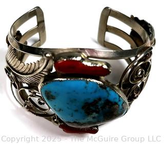 Navajo Sterling Silver Coral And Turquoise Cuff Bracelet