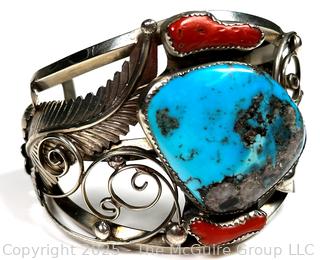Navajo Sterling Silver Coral And Turquoise Cuff Bracelet