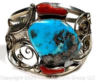 Navajo Sterling Silver Coral And Turquoise Cuff Bracelet
