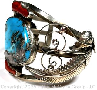 Navajo Sterling Silver Coral And Turquoise Cuff Bracelet