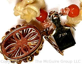 Turned and Carved Graduated Bone and Coral Bead Necklace with 14KT Yellow Gold Clasp.  22"