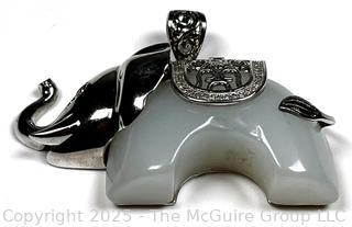 Carved White Chalcedony and Sterling Silver Elephant Pendant
