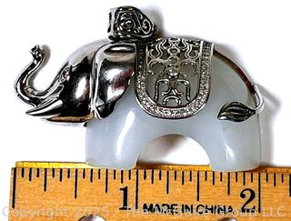 Carved White Chalcedony and Sterling Silver Elephant Pendant
