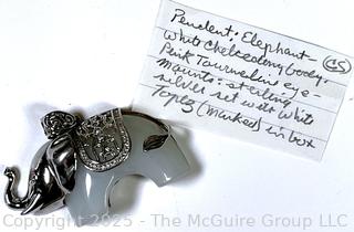 Carved White Chalcedony and Sterling Silver Elephant Pendant