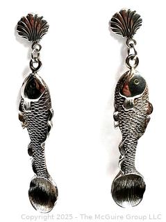 Pair of 19th Century Sterling Silver Fish Shaped Salt Spoon Earrings