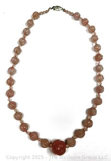 Carved Rose Quartz Bead Necklace with Sterling Silver Clasp 