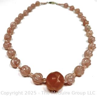 Carved Rose Quartz Bead Necklace with Sterling Silver Clasp 