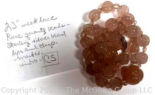 Carved Rose Quartz Bead Necklace with Sterling Silver Clasp 