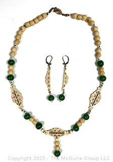 Chinese Carved Bone and Old Peking Green Glass Bead Necklace with Matching Earrings
