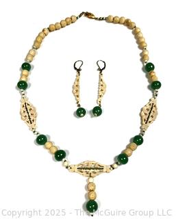 Chinese Carved Bone and Old Peking Green Glass Bead Necklace with Matching Earrings