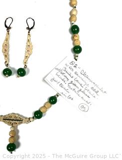 Chinese Carved Bone and Old Peking Green Glass Bead Necklace with Matching Earrings