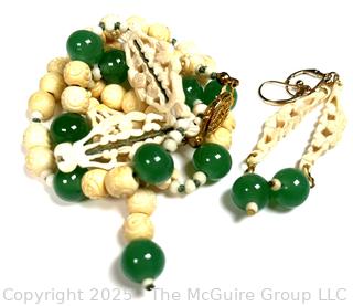 Chinese Carved Bone and Old Peking Green Glass Bead Necklace with Matching Earrings