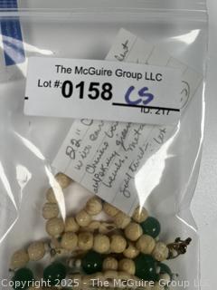 Chinese Carved Bone and Old Peking Green Glass Bead Necklace with Matching Earrings