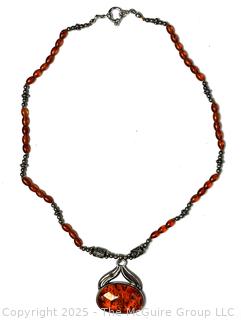 Art Nouveau Style Sterling Silver Brown Amber Pendant Necklace