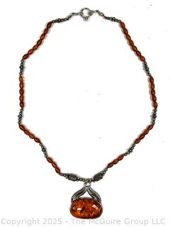 Art Nouveau Style Sterling Silver Brown Amber Pendant Necklace