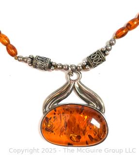 Art Nouveau Style Sterling Silver Brown Amber Pendant Necklace