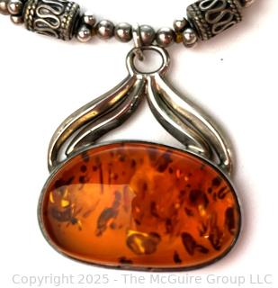 Art Nouveau Style Sterling Silver Brown Amber Pendant Necklace