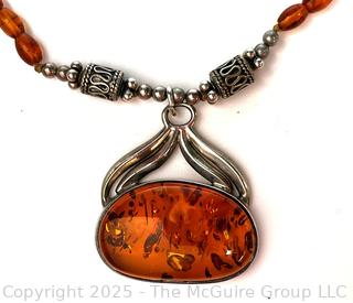 Art Nouveau Style Sterling Silver Brown Amber Pendant Necklace