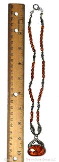 Art Nouveau Style Sterling Silver Brown Amber Pendant Necklace
