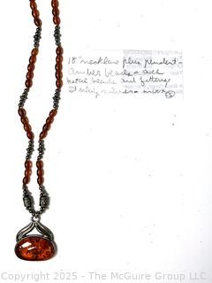 Art Nouveau Style Sterling Silver Brown Amber Pendant Necklace