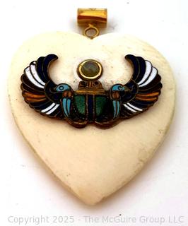 Egyptian Carved Bone Heart with Enamel Winged Scarab on 14kt Gold Bail