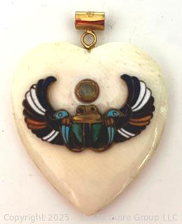 Egyptian Carved Bone Heart with Enamel Winged Scarab on 14kt Gold Bail